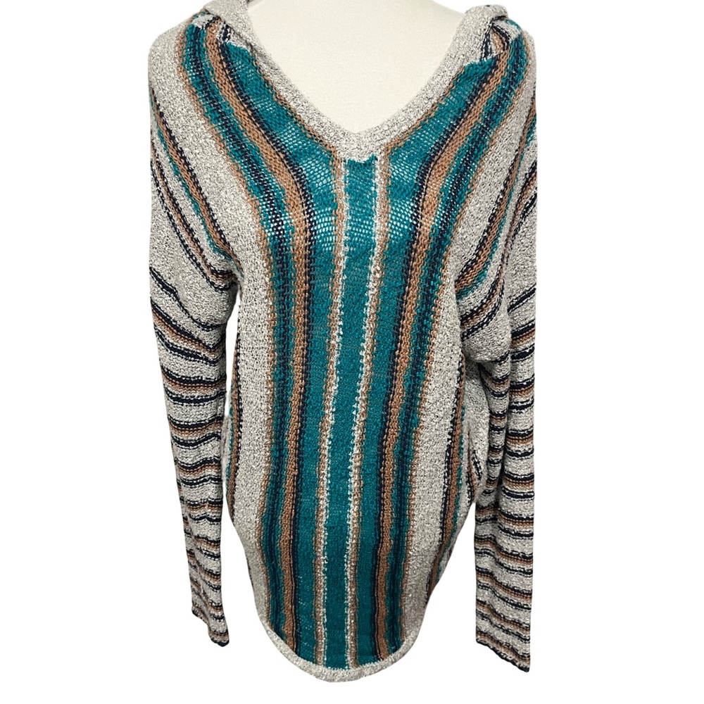 New Directions Teal, brown and gray Striped V-Neck Sweater